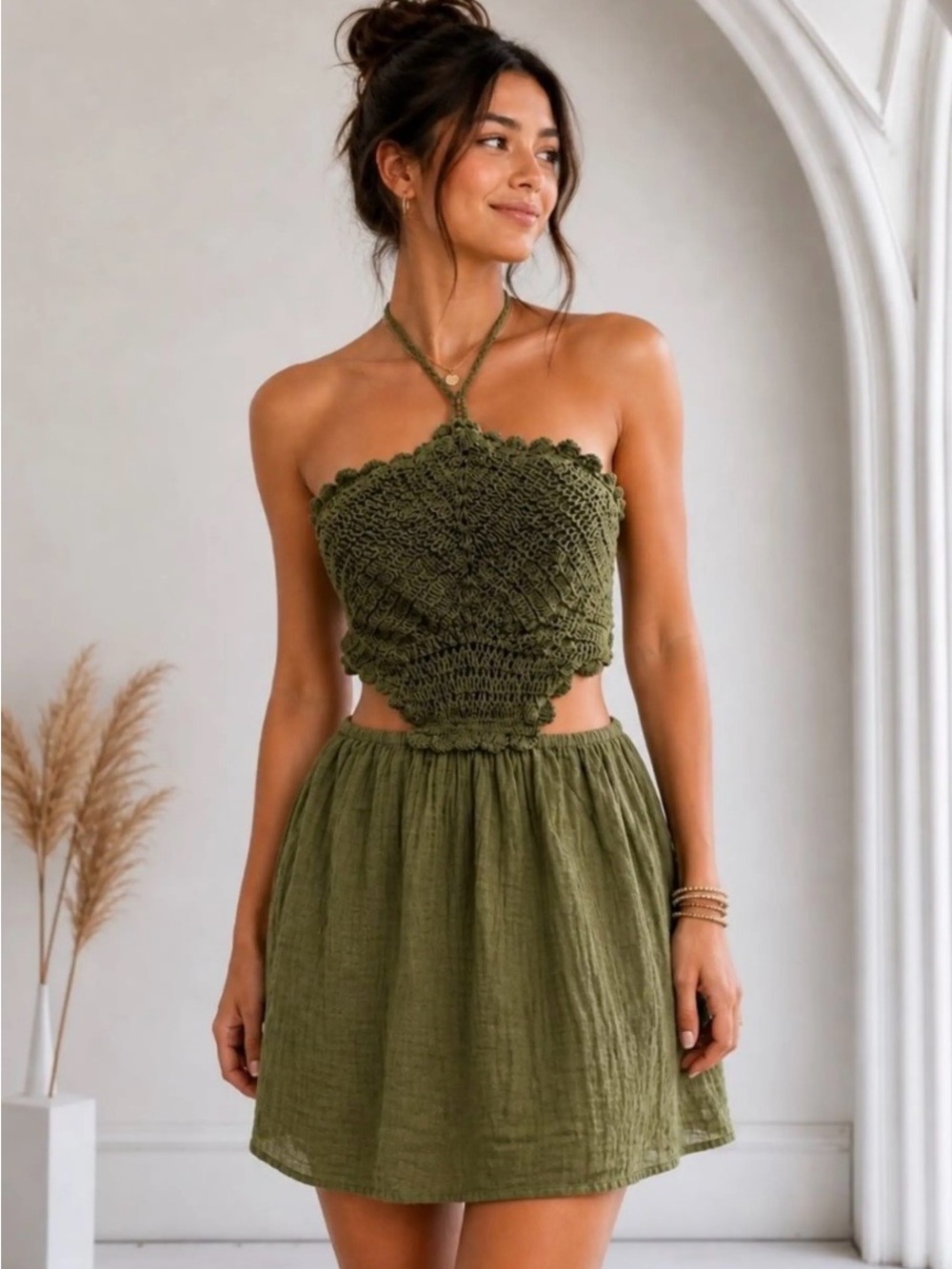 Aerie Olive Green Crochet Halter Dress